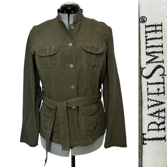 Travelsmith Linen Blend Belted Safari Jacket Button Closure Flap Pockets Sz: 12 - Picture 1 of 6